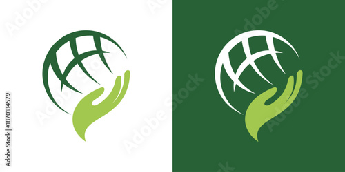Dual meaning logo combining a globe and caring hands, symbolizing global care, responsibility, sustainability, and support with a modern, professional identity.