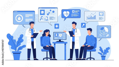 Doctors and patients discussing health data in a modern medical setting.