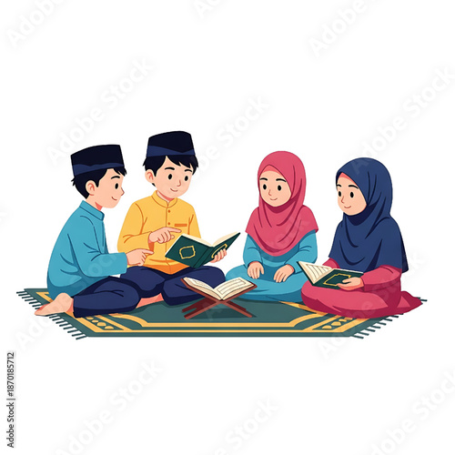 Young Muslim children engaged in a focused group reading session on a prayer mat, studying sacred religious texts and embracing cultural education with devotion