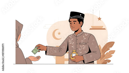 Muslim man practicing Islamic charity by giving money to a woman, symbolizing the spirit of community support, compassion, and generosity during religious observances