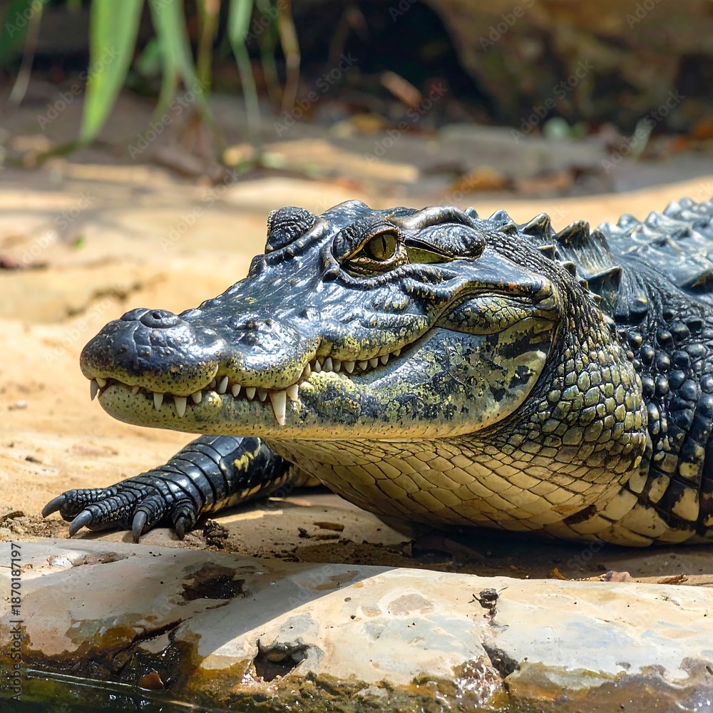 Fototapeta premium Caiman rests on a rock, showing detailed scales, teeth, and claws, with a green leafy background