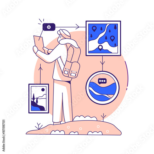 Solo Traveler Photographer Taking Photos of beautiful Nature in flat outline illustration style