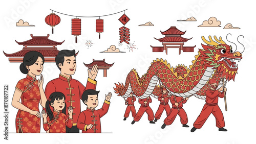 Family Celebrating Chinese New Year with Dragon Dance Performance