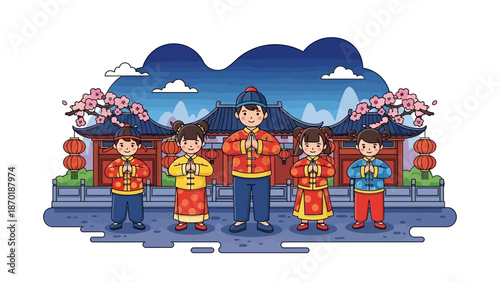 Family in traditional clothing standing together in front of a cultural building