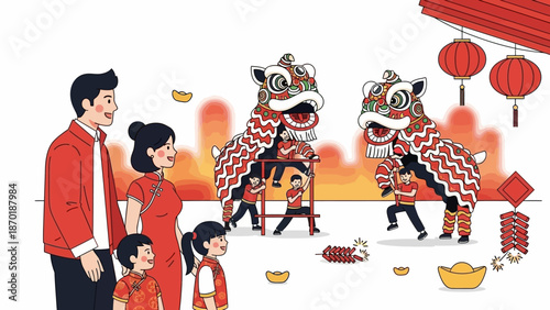 Family Celebrating Lunar New Year with Lion Dance Performance