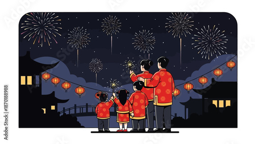 Family in traditional attire celebrating under fireworks at night