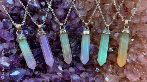 Row of polished, colorful crystal point pendants displayed atop a vibrant mineral cluster background