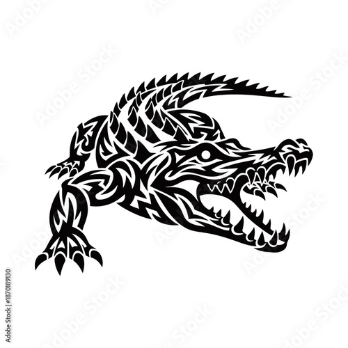 Tribal style illustration of a fierce alligator with its mouth open, showcasing sharp teeth and intricate patterns.