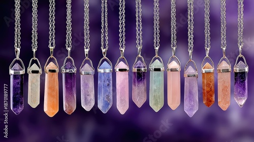 Row of colorful polished gemstone point pendants suspended from silver chains against a vibrant purple background