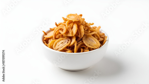 Realistic image of crispy fried shallots served in a white bowl, placed on a white surface with a clean white background, highlighting golden color and crunchy texture.