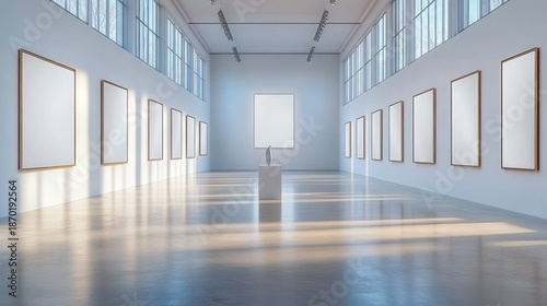 Wallpaper Mural Bright minimalist art gallery with rows of blank framed canvases, central pedestal sculpture, high windows and sunlit reflections conveying calm contemplative atmosphere Torontodigital.ca
