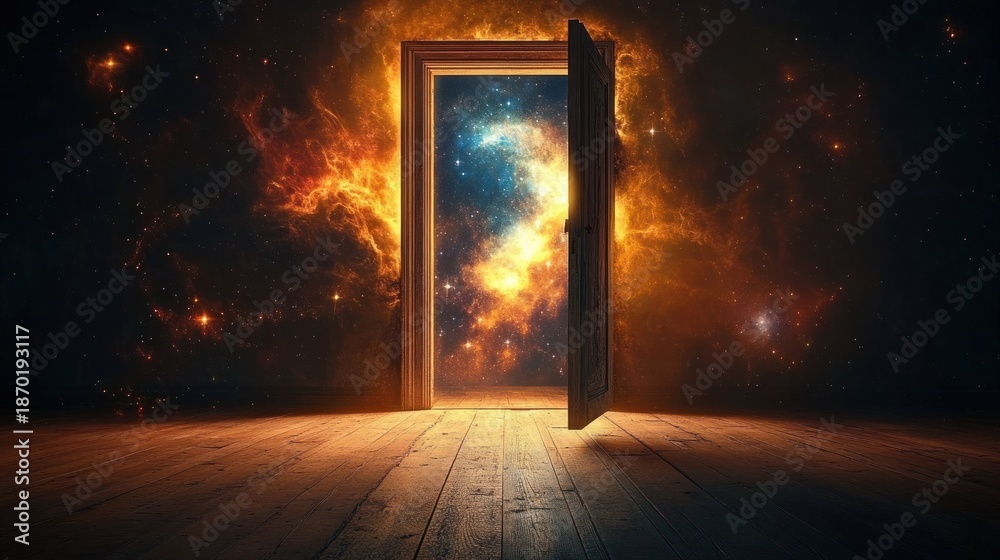 Fototapeta premium open wooden door glowing with fiery light reveals a colorful cosmic galaxy of stars and nebulae beyond a dark room with wooden floor
