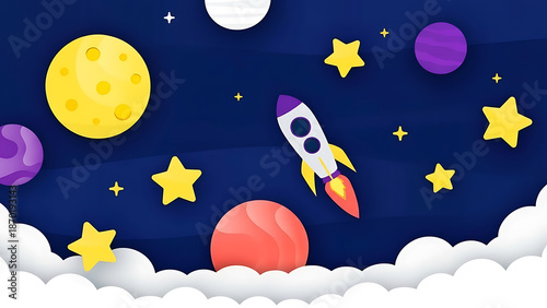 Bild auf Leinwand Vibrant cartoon rocket soars through starry night sky with planets
