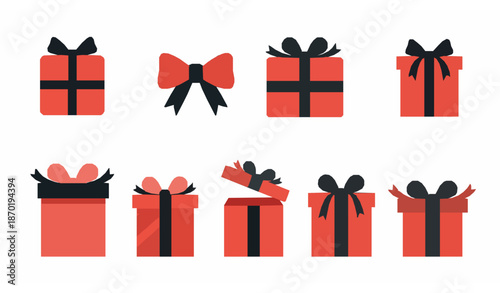 Trendy Flat Gift Box with Ribbon Vector Icon Set