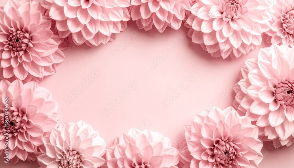 Fototapeta premium Elegant floral frame of monochromatic pink dahlias geometric petal patterns