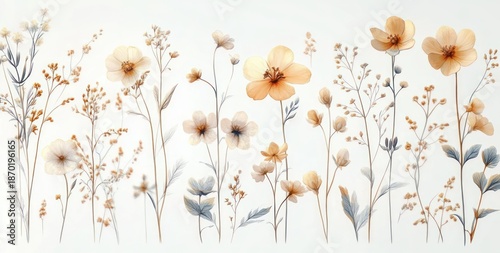 delicate beige and pale blue wildflowers with slender stems, buds, leaves and feathery grasses on a soft white background, evoking calm, airy and elegant serenity