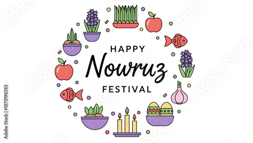 Cute Flat Vector Circular Frame of Haft-Seen Elements for Nowruz – Pastel Sabzeh, Hyacinth, Goldfish, Apples and Candles on White Background with Central Copy Space