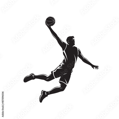 Silhouette of a basketball player in mid air dynamically poised for a shot or dunk