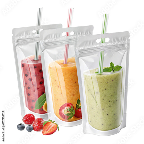 Reusable pouch carrier for smoothies with wide straws and colorful designs, perfect for on-the-go healthy drinks
