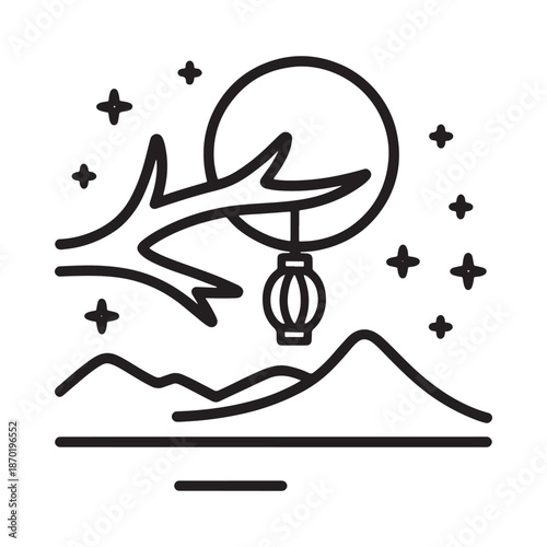 A simple line drawing of mountains moon stars and a hanging lantern