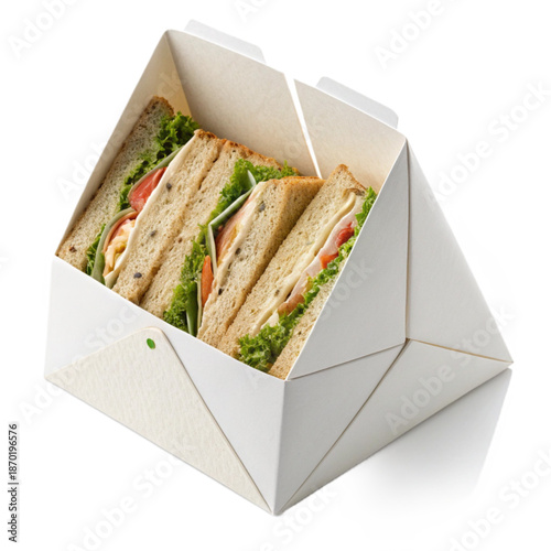 A stylish sandwich carrier with origami-style folds containing a fresh and delicious meal, perfect for takeout, lunch, or snack time.