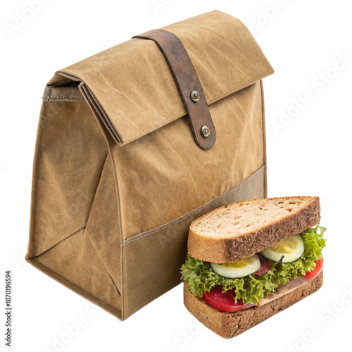 A brown waxed fabric sandwich carrier with a leather strap holds a delicious-looking sandwich with fresh lettuce, cucumber, tomato, and whole wheat bread.