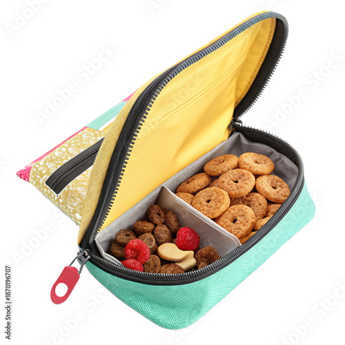 Convenient and colorful snack pouch with a secure zip top seal, perfect for organized snack storage on-the-go.