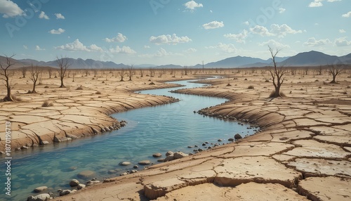 Dry landscape with a winding river and cracked earth