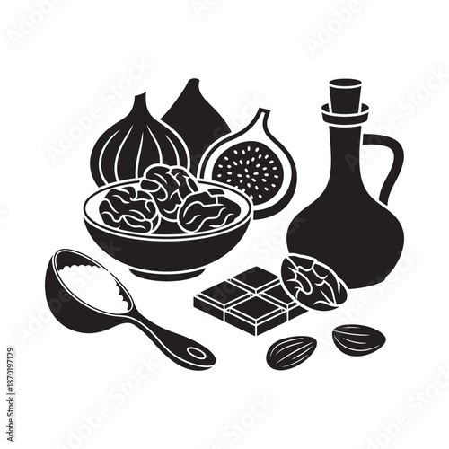 A still life illustration of assorted foods including dates figs and chocolate