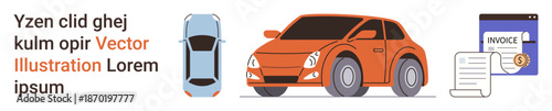 Car insurance, vehicle financing, online payments, automotive services, billing operations, digital finance. Orange car and invoice document. Car insurance and vehicle financing concept