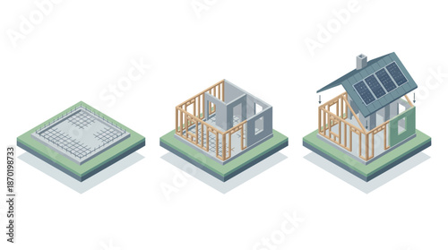 Modern sustainable house construction stages with solar panels