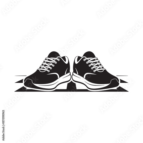 A black and white illustration of a pair of athletic running shoes