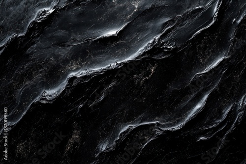 dark glossy marble waves with flowing striations and subtle metallic flecks, moody and dramatic