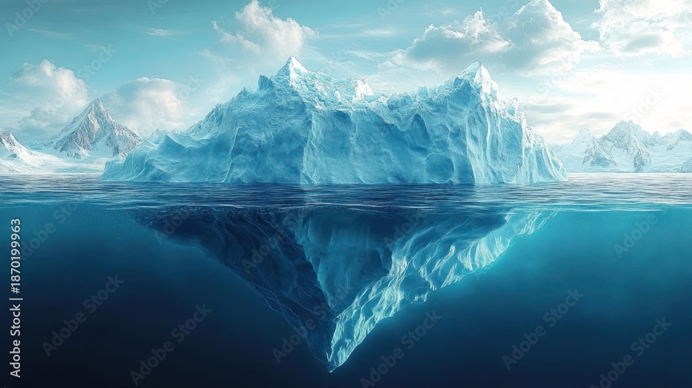 Obraz premium Large iceberg floating in calm ocean with its massive submerged portion visible below water surface under cloudy sky and distant snowy mountains