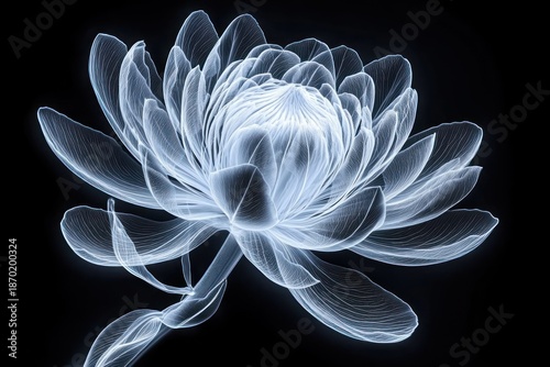 Ethereal translucent flower with detailed glowing petals and stem on a dark background evoking delicacy and calmness