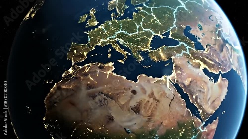 Stunning View of Earth from Space at Night with City Lights Illuminating Continents.