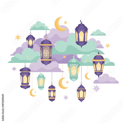 Whimsical Lanterns and Moons in Dreamy Clouds