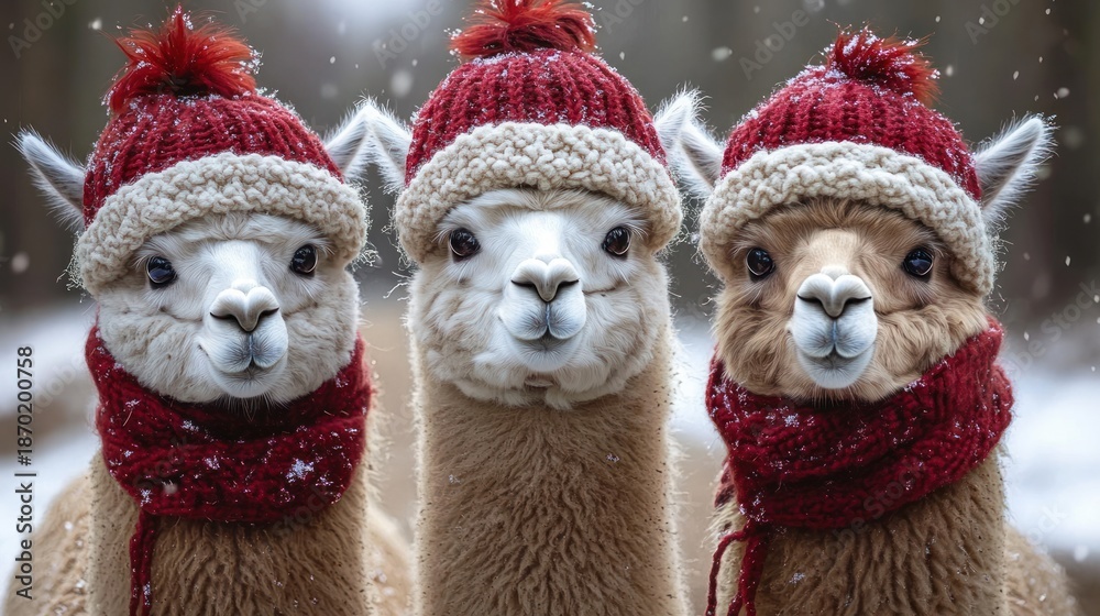 Naklejka premium Three fluffy alpacas in matching red knit hats and scarves stand close together in a snowy forest, looking cheerful and curious as snowflakes fall