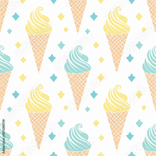 Colorful Ice Cream Cones Pattern with Yellow and Blue Swirls on White Background