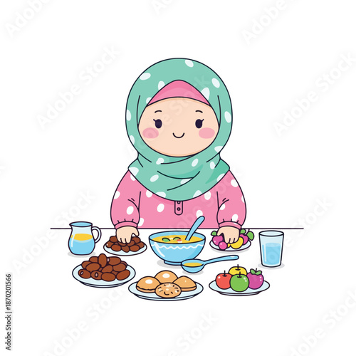 Muslim girl breaking fast during Ramadan with traditional food and drink