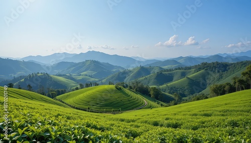 Lush green tea plantation on rolling hills with mountains