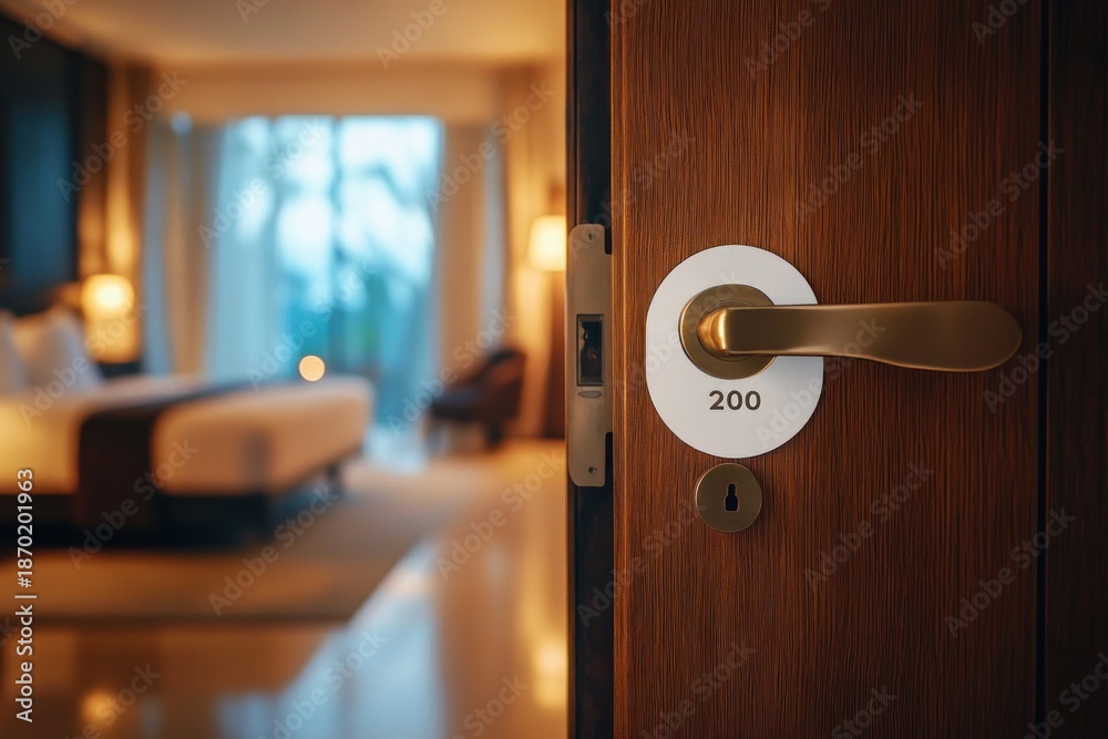 Obraz premium open wooden hotel door with brass handle and room 200 revealing a warm softly lit bedroom with bed, lamps, armchair and balcony for a calm inviting stay
