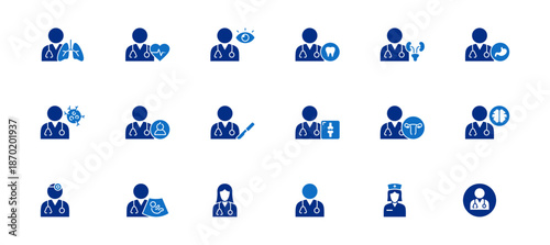 Medical Specialties icon set containing pulmonologist, cardiologist, ophthalmologist, dentist, urologist, gastroenterologist, oncologist, paediatrician, surgeon, orthopaedist, vector icons