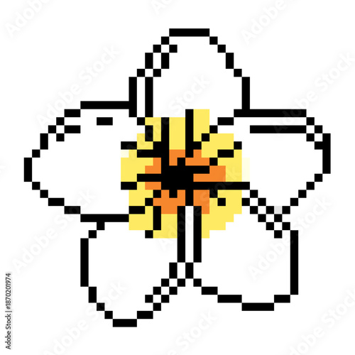 Pixel frangipani flower vector for spa icons. Ideal for tropical nature, bali vibes, relaxation, and retro 8-bit floral decorations.