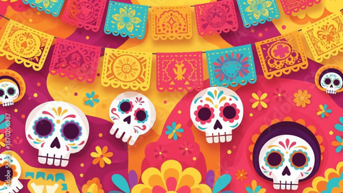 Vibrant Day of the Dead celebration with colorful skulls and flowers
