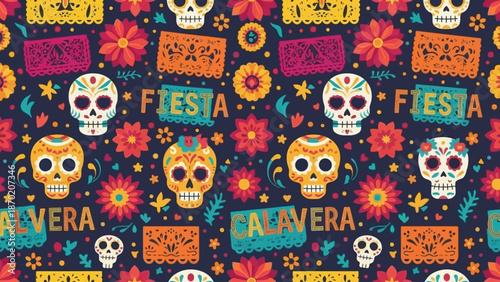Vibrant Day of the Dead celebration background with colorful skulls and flowers