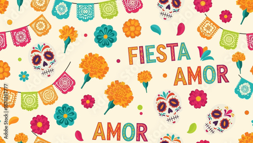 Vibrant Fiesta Amor celebration background with colorful flowers and sugar skulls
