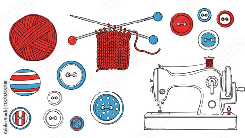 Hand-drawn collection of sewing and knitting tools and supplies.
