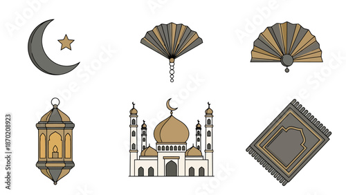 Islamic Culture Symbols Collection Crescent Star Fan Lantern Mosque Prayer Mat Decorations for Religious Celebrations and Traditions Diverse Festive