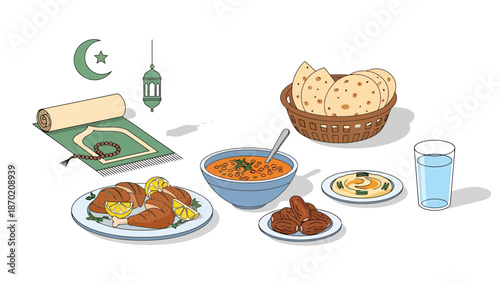 Islamic Tradition Food Feast Set For Breaking Fasting Iftar Meal Prayer Mat Prayer Beads Lantern Crescent Star Mealtime Celebration